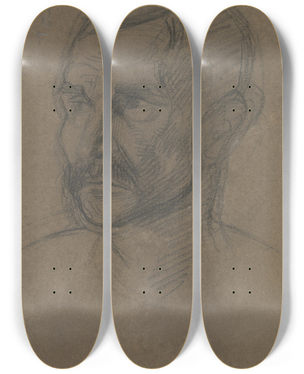 Triptych art skateboard deck of Eugne Delacroix A Mans Head by Eugene Delacroix (1798-1863)