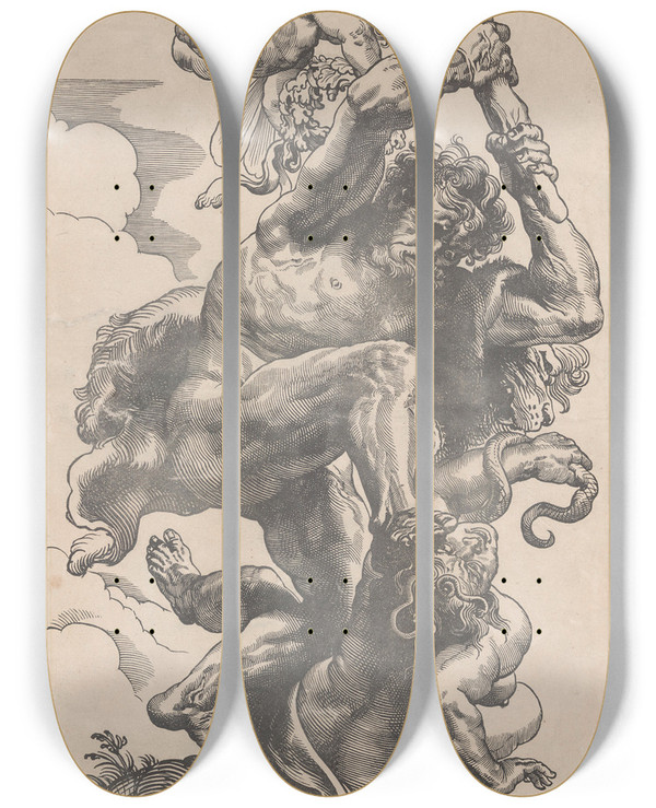 Triptych art skateboard deck of Peter Paul Rubens Hercules Overcomes Envy by Peter Paul Rubens (1577-1640)