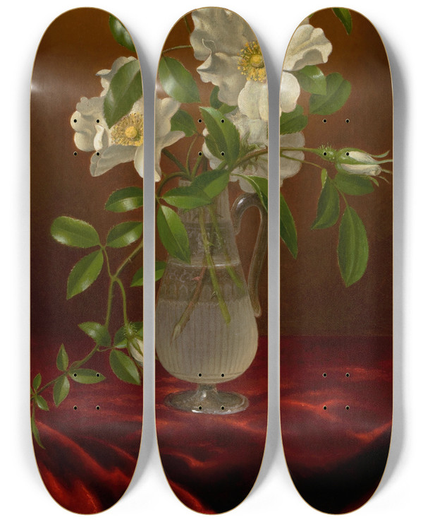 Triptych art skateboard deck of Martin Johnson Heade Cherokee Roses In A Glass Vase by Martin Johnson Heade (1819-1904)