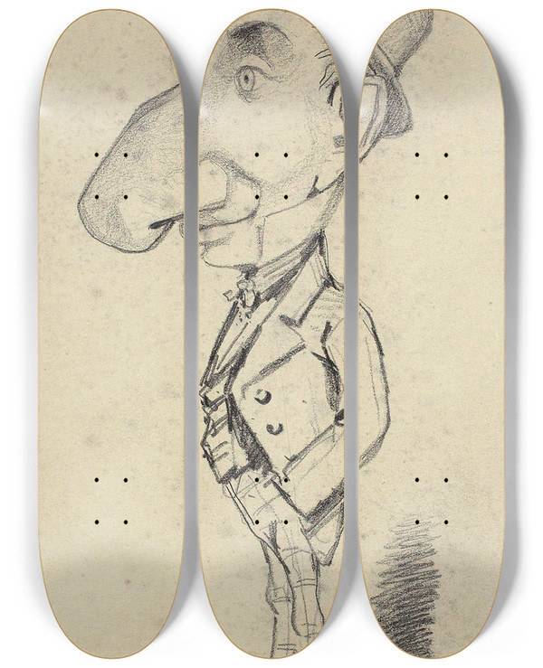 Triptych art skateboard deck of Claude Monet Caricature Of A Man With A Large Nose by Claude Monet (1840-1926)