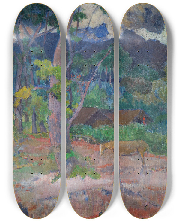 Triptych art skateboard deck of Paul Gauguin Landscape With A Horse by Paul Gauguin (1848-1903)