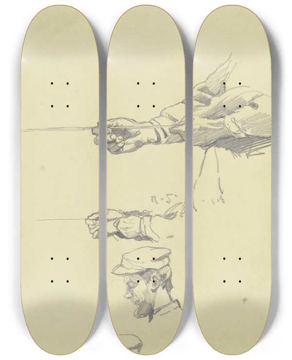 Triptych art skateboard deck of Rudolf Gudden Kopf Und Hnde Eines Arbeiters Aus Der Groen Spinnerei Von Edam_2 by Rudolf Gudden (1863-1935)