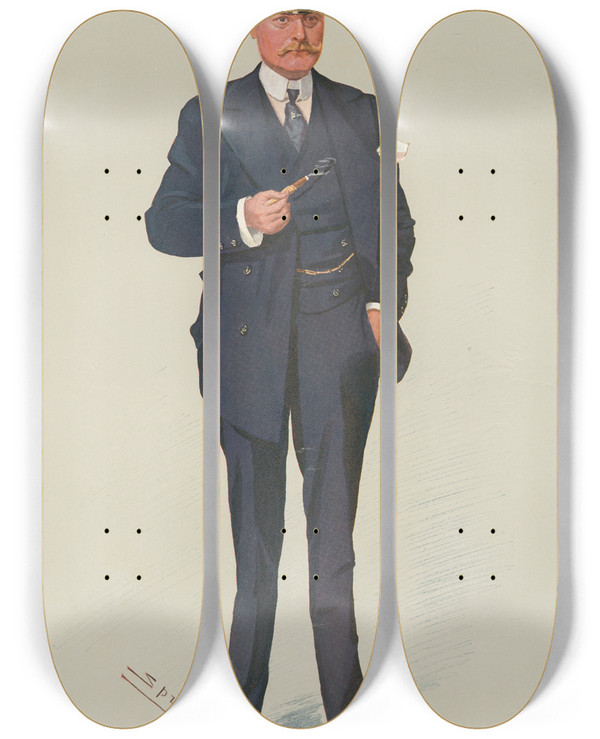 Triptych art skateboard deck of Leslie Matthew Ward Yachting Devotees Tiggy Sir Richard Bulkeley August 7 1907 by Leslie Matthew Ward (1851-1922)