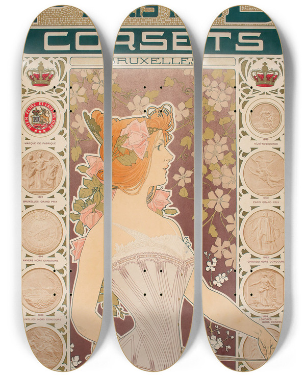 Triptych art skateboard deck of Henri Privatlivemont Pd Corsets by Henri Privat-Livemont (1861-1936)