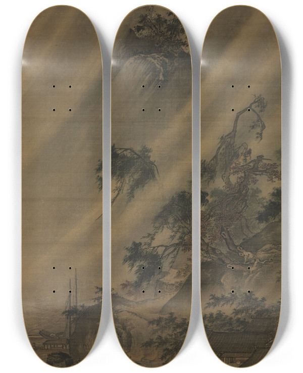 Triptych art skateboard deck of Lu Wenying River Village In A Rainstorm by Lu Wenying (15-16-)