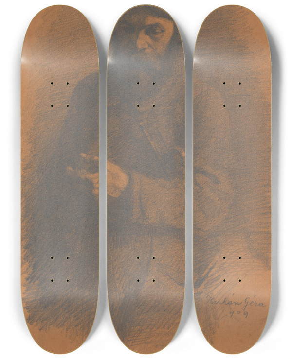Triptych art skateboard deck of Gejza Kukn Portrt Starca by Gejza Kukan