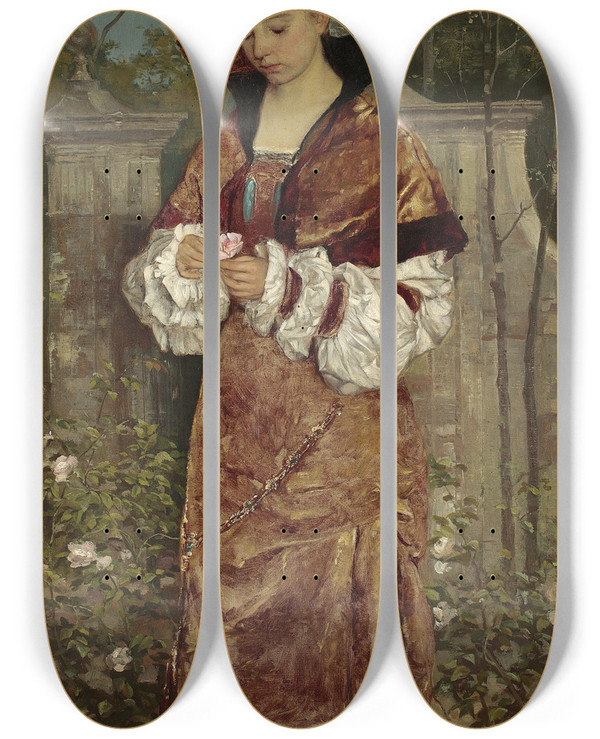 Triptych art skateboard deck of Stefan Bakaowicz Portrait Of A Lady In The Garden by Stefan Bakalowicz (1857-1947)