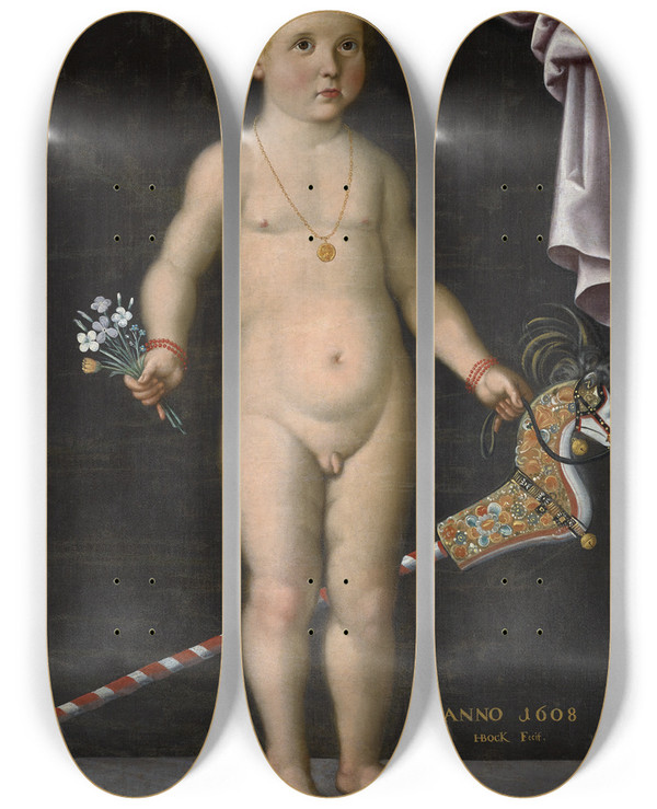 Triptych art skateboard deck of Hans Bock The Elder Portrait Of The Threeyearold Felix Platter Ii by Hans Bock The Elder (1550-1624)