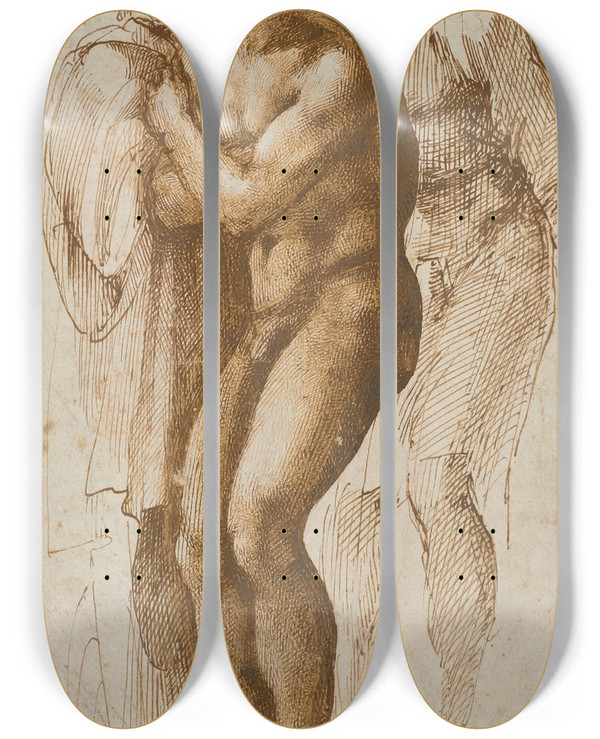 Triptych art skateboard deck of Michelangelo A Nude Man After Masaccio And Two Figures Behind Him by Michelangelo (1475-1564)