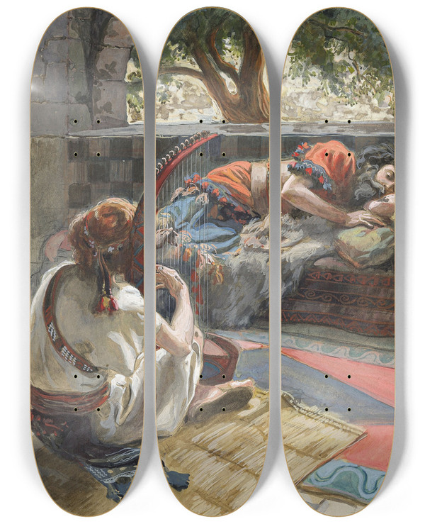 Triptych art skateboard deck of James Tissot David Plays The Harp Before Saul by James Tissot (1836-1902)
