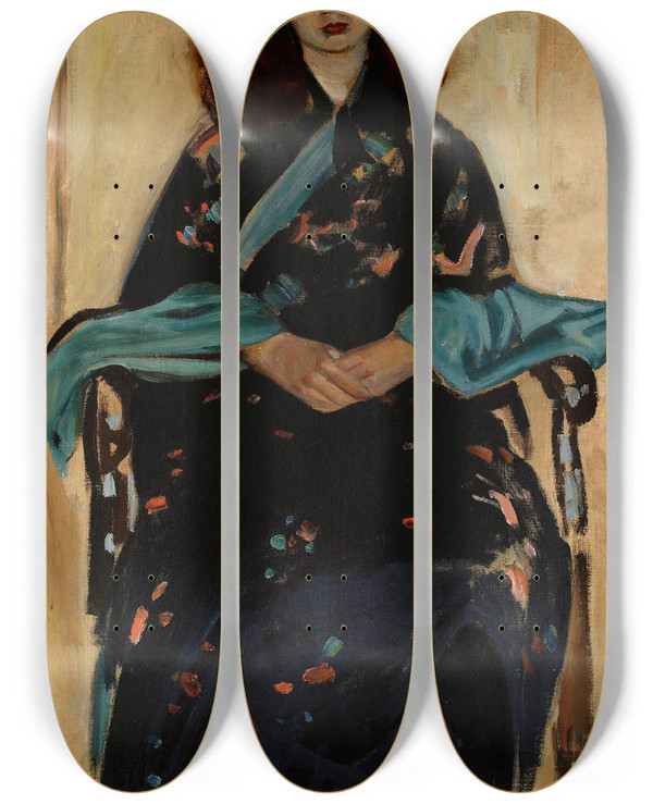 Triptych art skateboard deck of Julian Falat Woman In Kimono by Julian Falat (1853-1929)