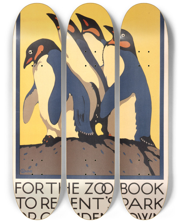 Triptych art skateboard deck of Charles Paine For The Zoo Book To Regents Park Or Camden Town by Charles Paine (1895-1967)