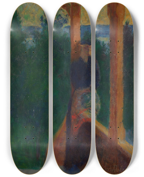 Triptych art skateboard deck of Harald Sohlberg On The Veranda by Harald Sohlberg (1877-1935)