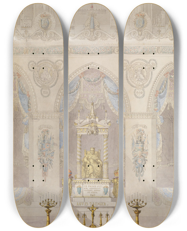 Triptych art skateboard deck of Charles Percier Interior Elevation Of Reims Cathedral With A Statue Of King Louis I And An Altar Placed At Front by Charles Percier (1764-1838)
