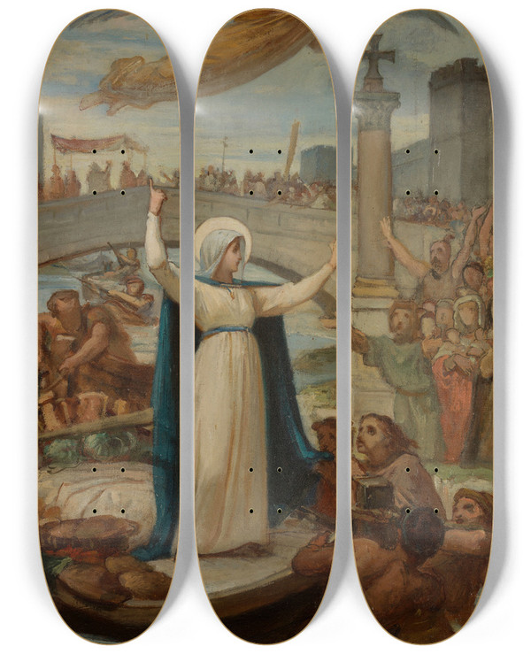 Triptych art skateboard deck of Flixjoseph Barrias Sainte Genevive Ravitaille La Ville Affame Pendant Le Sige De Paris Par Clovis by Felix Joseph Barrias (1822-1907)