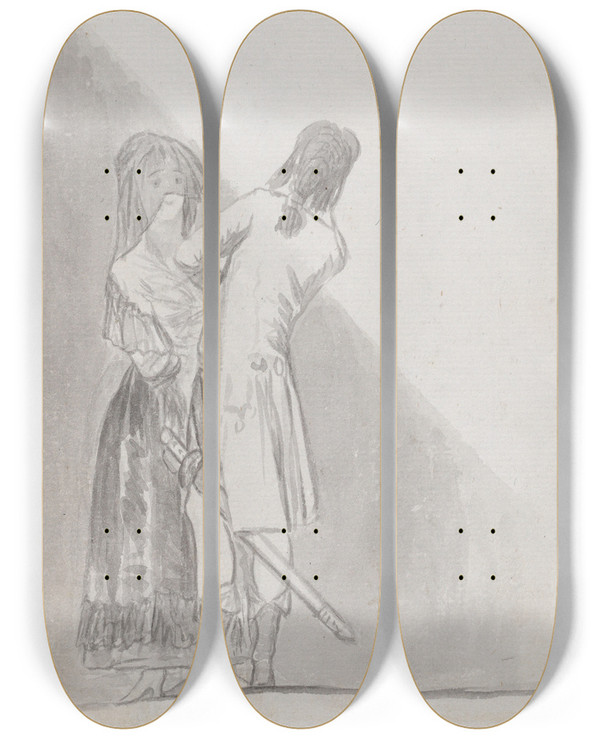 Triptych art skateboard deck of Francisco De Goya Maja And An Officer by Francisco de Goya (1746-1828)