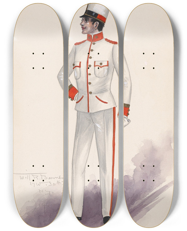 Triptych art skateboard deck of Will R Barnes Officer Costume 3 by Will R Barnes (1939)