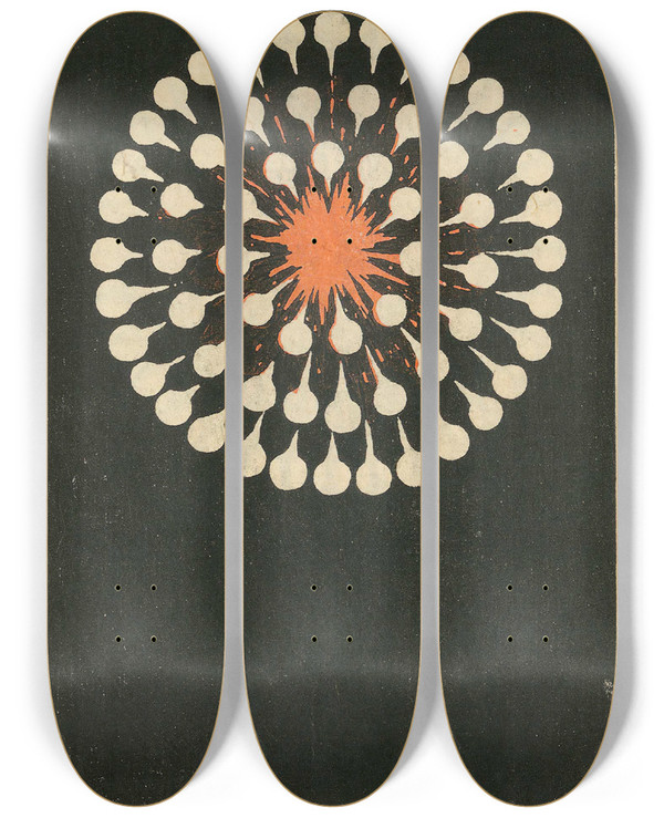 Triptych art skateboard deck of Jinta Hirayama Night Fireworks No 1 by Jinta Hirayama (19-)