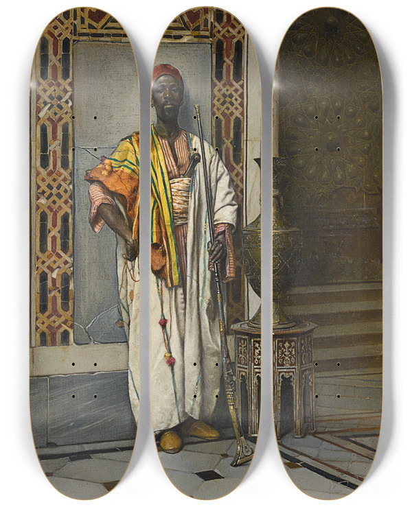 Triptych art skateboard deck of Ludwig Deutsch The Sentinel by Ludwig Deutsch (1855-1935)