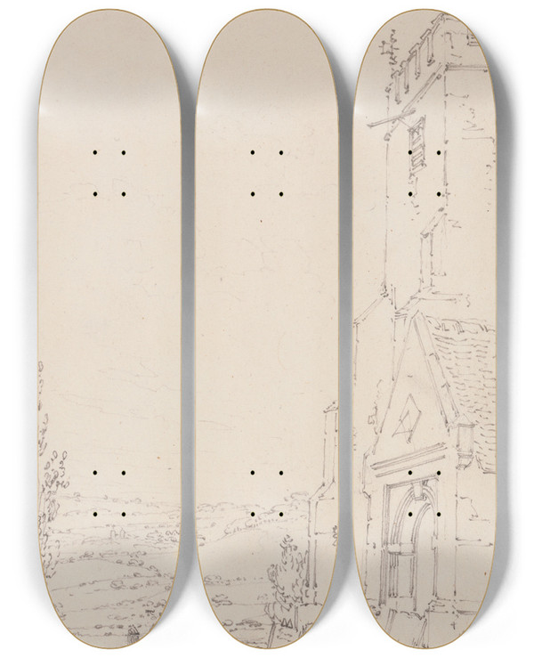 Triptych art skateboard deck of Joseph Mallord William Turner South Porch And Tower Of An Unidentified Church by Joseph Mallord William Turner (1775-1851)