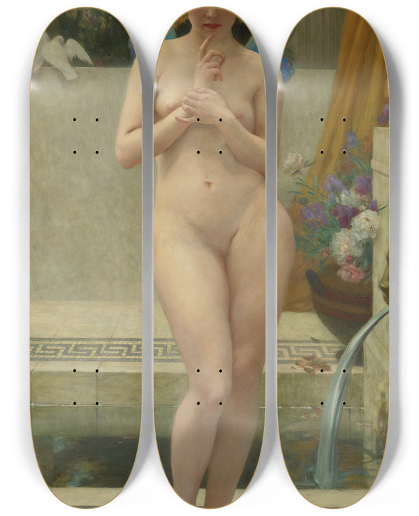 Triptych art skateboard deck of Guillaume Seignac Psyche A La Fontaine by Guillaume Seignac (1870-1924)