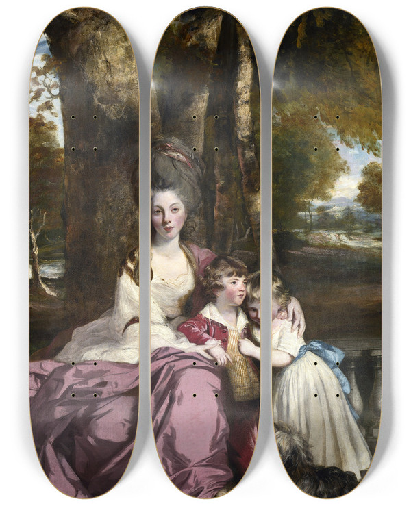 Triptych art skateboard deck of Sir Joshua Reynolds Lady Elizabeth Delm And Her Children by Sir Joshua Reynolds (1723-1792)