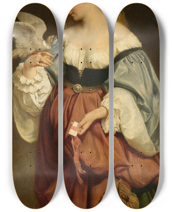 Triptych art skateboard deck of Ferdinand Keller The Carrier Pigeon by Ferdinand Keller (1842-1922)