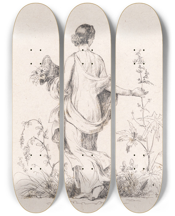 Triptych art skateboard deck of Johan Thomas Lundbye Blomstersamlerske by Johan Thomas Lundbye (1818-1848)