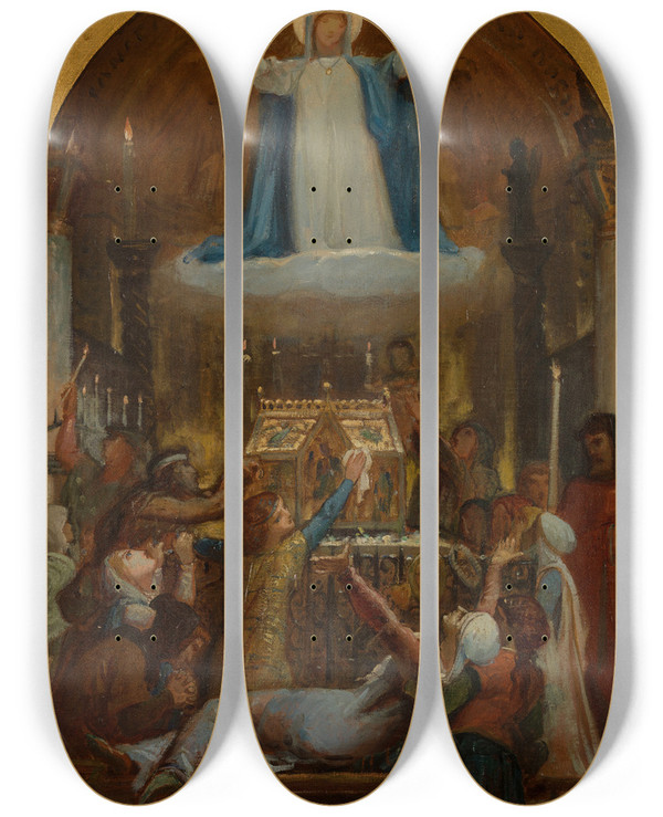 Triptych art skateboard deck of Flixjoseph Barrias Les Malheureux Et Les Pauvres Implorent Sainte Genevive Intercesseur by Felix Joseph Barrias (1822-1907)