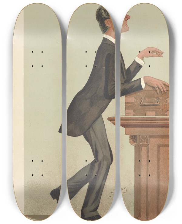 Triptych art skateboard deck of Leslie Matthew Ward Politicians The Home Secretary The Rt Hon Henry Matthews 10 September 1887 by Leslie Matthew Ward (1851-1922)