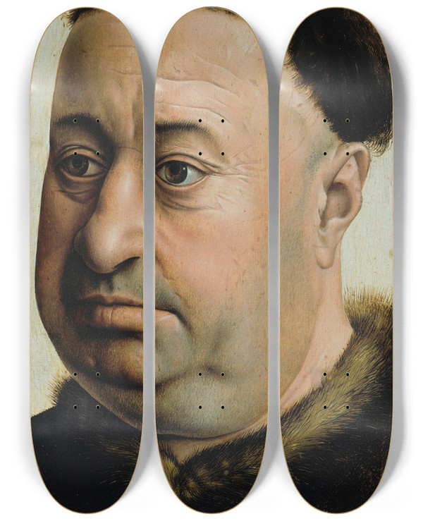 Triptych art skateboard deck of Robert Campin Portrait Of A Fat Man by Robert Campin (1375-1444)