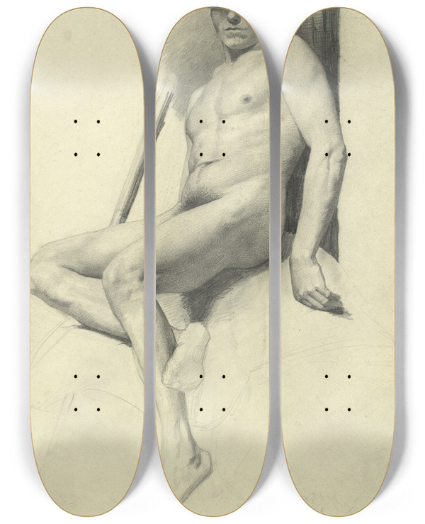 Triptych art skateboard deck of Gustav Klimt Sitzender Mnnlicher Akt Mit Hut by Gustav Klimt (1862-1918)