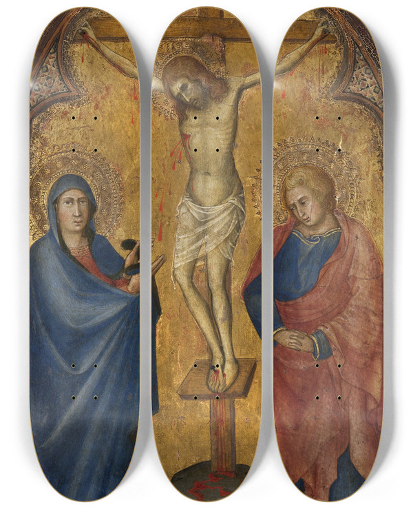 Triptych art skateboard deck of Andrea Di Bartolo Crucifixion by Andrea Di Bartolo (1360-1428)