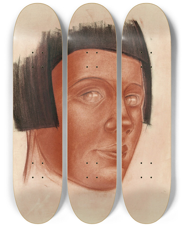 Triptych art skateboard deck of Alexandre Jacovleff Portrait Of A Woman by Alexandre Jacovleff (1887-1938)