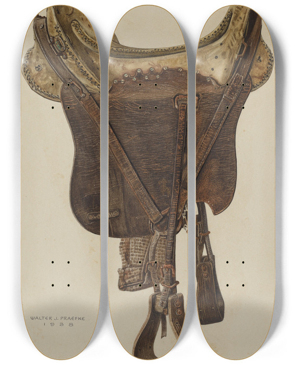 Triptych art skateboard deck of Walter Praefke Mclellan Saddle by Walter Praefke