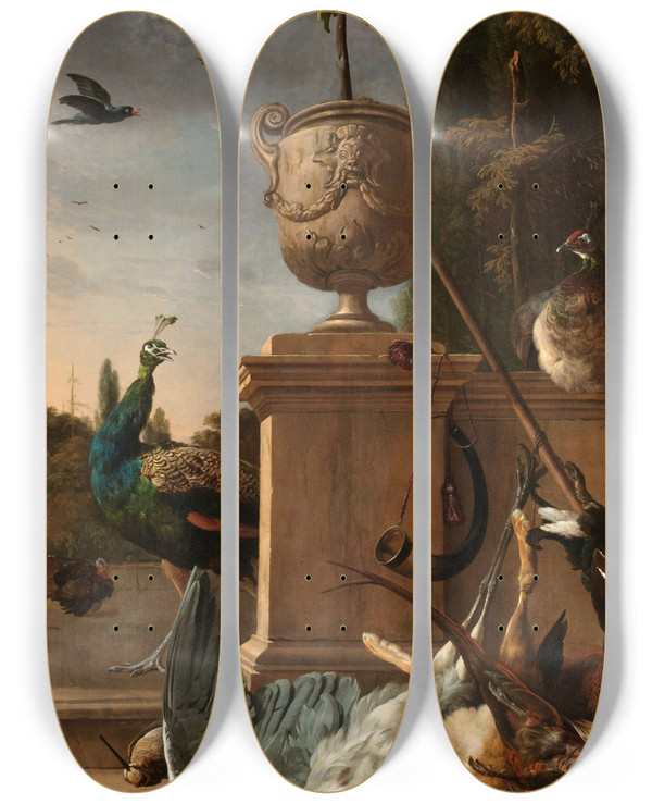 Triptych art skateboard deck of Melchior Dhondecoeter A Hunters Bag On A Terrace by Melchior d'Hondecoeter (1636-1695)