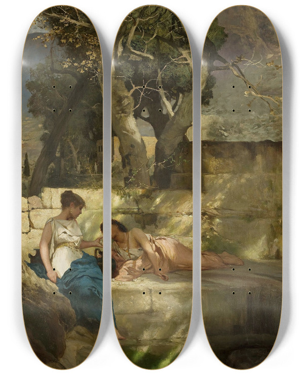 Triptych art skateboard deck of Henryk Siemiradzki At The Fountain Head Roman Idyll by Henryk Siemiradzki (1843-1902)