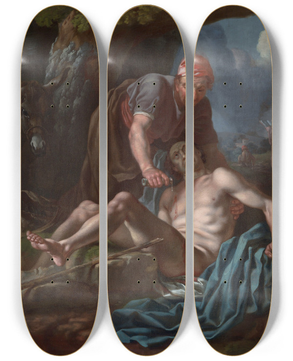 Triptych art skateboard deck of Francis Hayman The Good Samaritan by Francis Hayman (1708-1776)