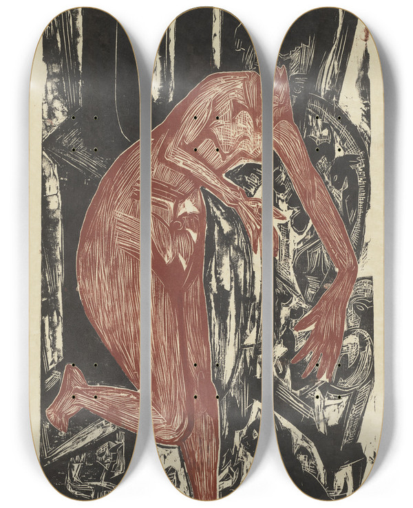 Triptych art skateboard deck of Ernst Ludwig Kirchner Woman Bathing By The Oven by Ernst Ludwig Kirchner (1880-1938)