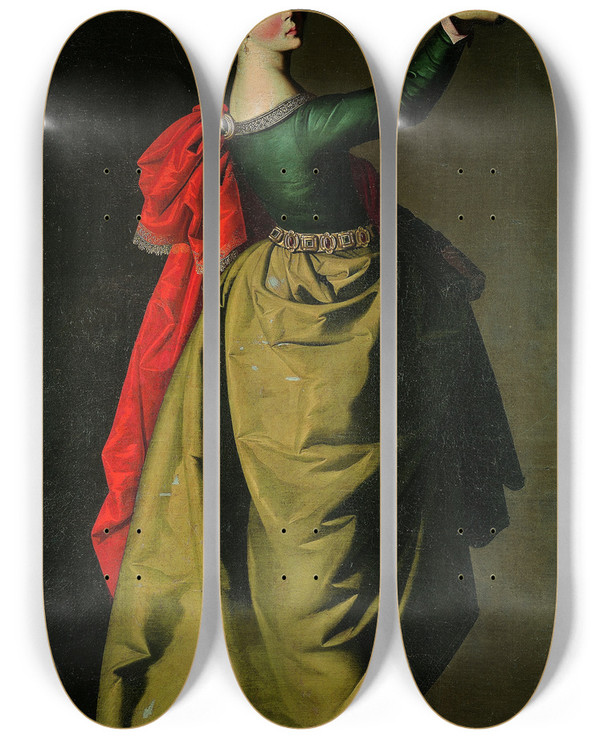 Triptych art skateboard deck of Francisco De Zurbarn Saint Ursula by Francisco de Zurbarn (1598-1664)
