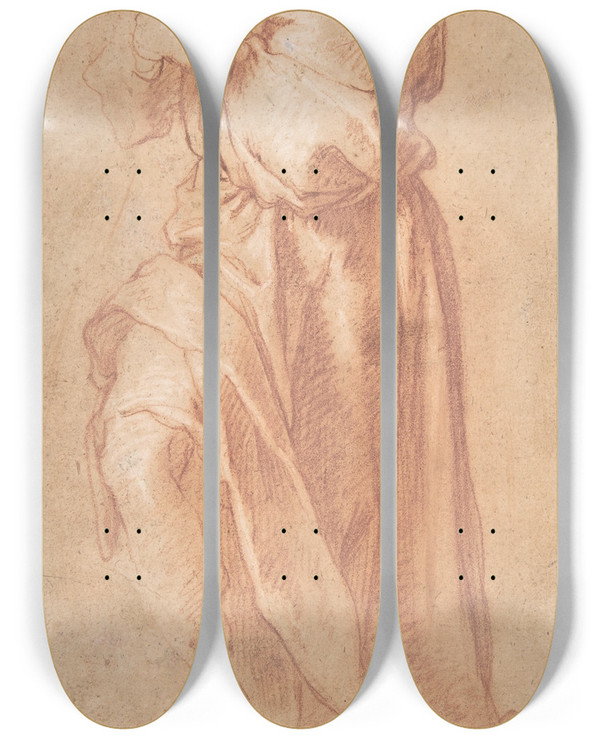 Triptych art skateboard deck of Abraham Bloemaert Study Of A Headless Draped Figure With Arms Crossed by Abraham Bloemaert (1564-1651)