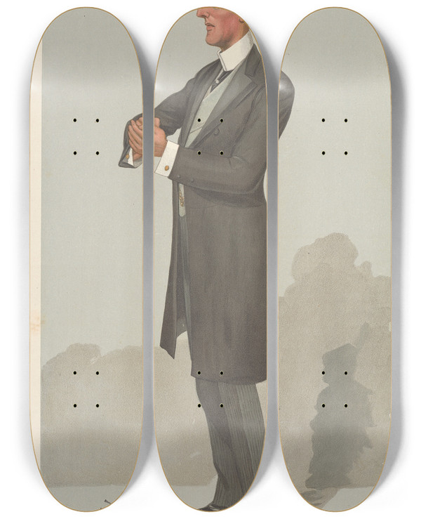 Triptych art skateboard deck of Leslie Matthew Ward Politicians Extinction Distinction Which Will It Be Major John Edward Bernard Seely 23 February 1905 by Leslie Matthew Ward (1851-1922)