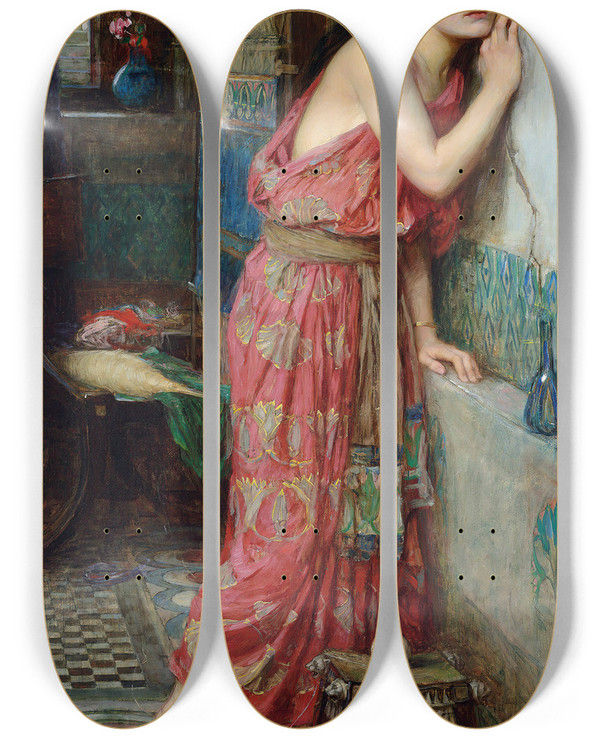 Triptych art skateboard deck of John William Waterhouse Thisbe by John William Waterhouse (1849-1917)