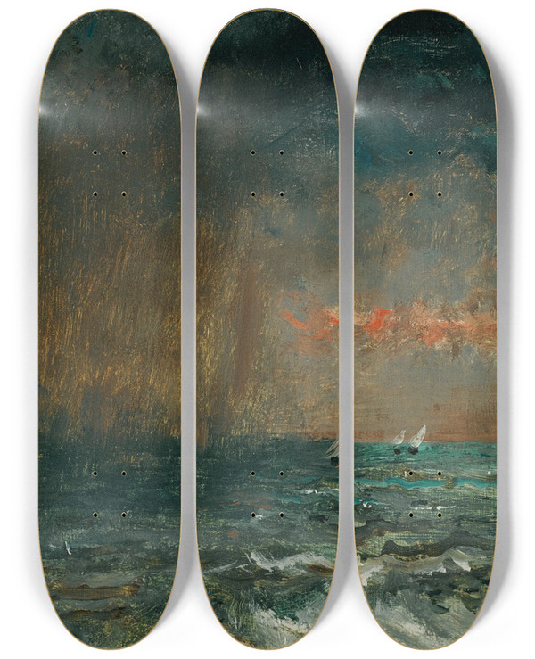 Triptych art skateboard deck of Alfred Stevens A Storm At Sea by Alfred Stevens (1817-1875)