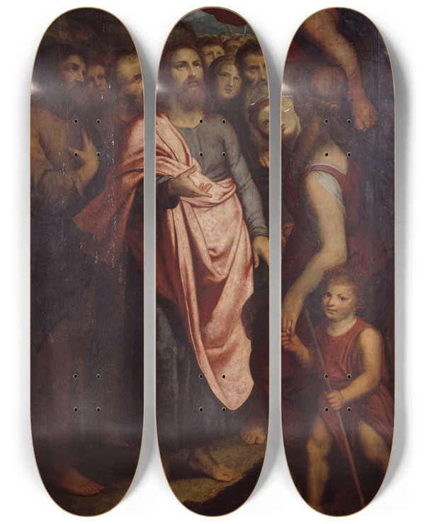 Triptych art skateboard deck of Otto Van Veen The Calling Of Zacchaeus Who Is Sitting In A Fig Tree by Otto van Veen (1556-1629)