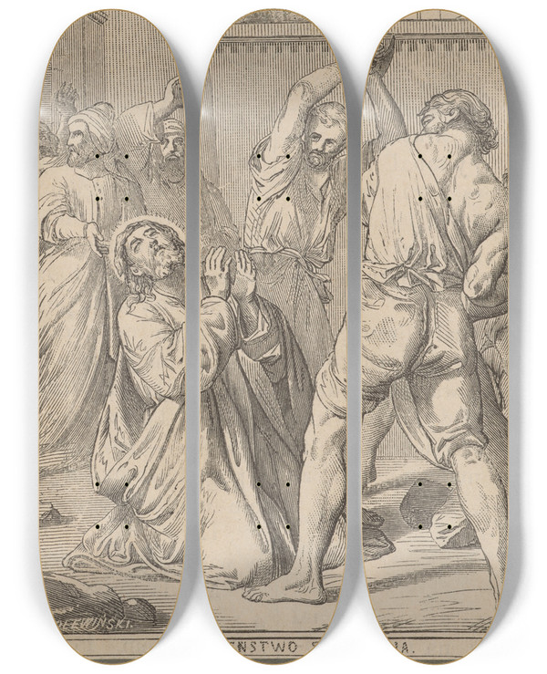 Triptych art skateboard deck of Jzef Simmler W Maciej Aposto Mczestwo W Macieja by Jozef Simmler (1823-1868)