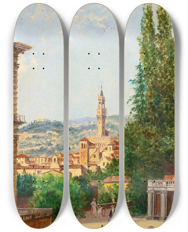 Triptych art skateboard deck of Antonietta Brandeis View Of Palazzo Vecchio From The Boboli Gardens Florence by Antonietta Brandeis (1848-1926)