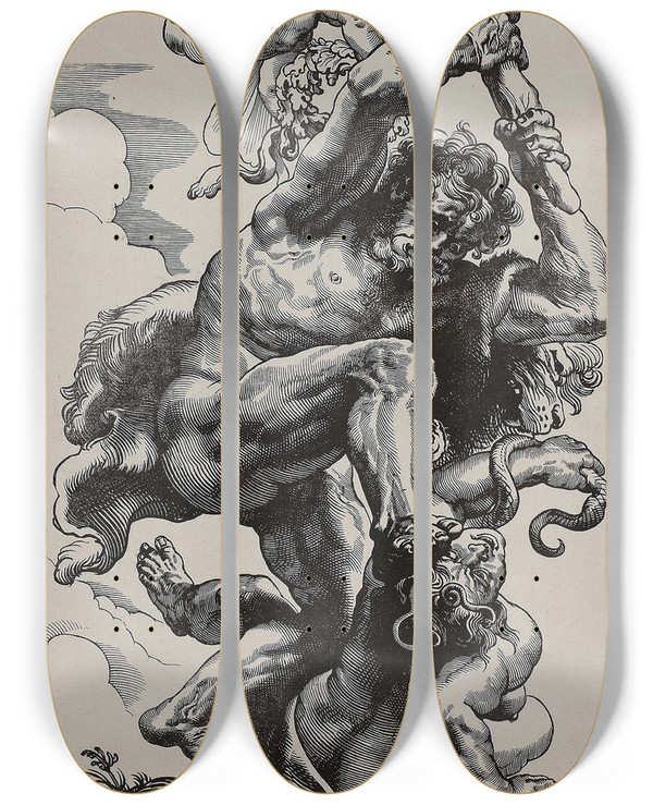 Triptych art skateboard deck of Christoffel Jegher Hercules Slaying Envy by Christoffel Jegher (1596-1652)