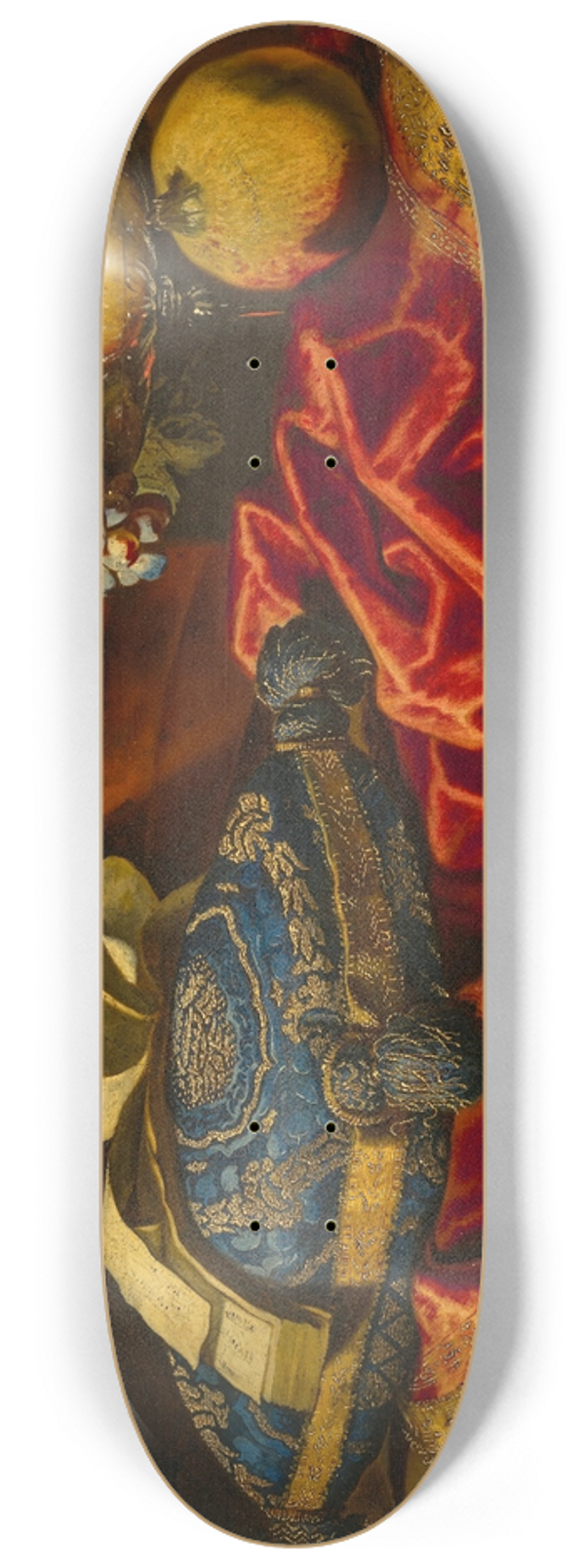 FRANCESCO FIERAVINO - A mandolin with a book of music on a blue and gold cushion, with fruit on a partially draped ledge 8.25 inch art skate deck