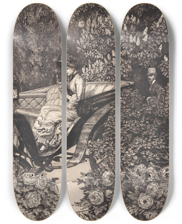 Triptych art skateboard deck of Max Klinger First Encounter Erste Begegnung by Max Klinger (1857-1920)